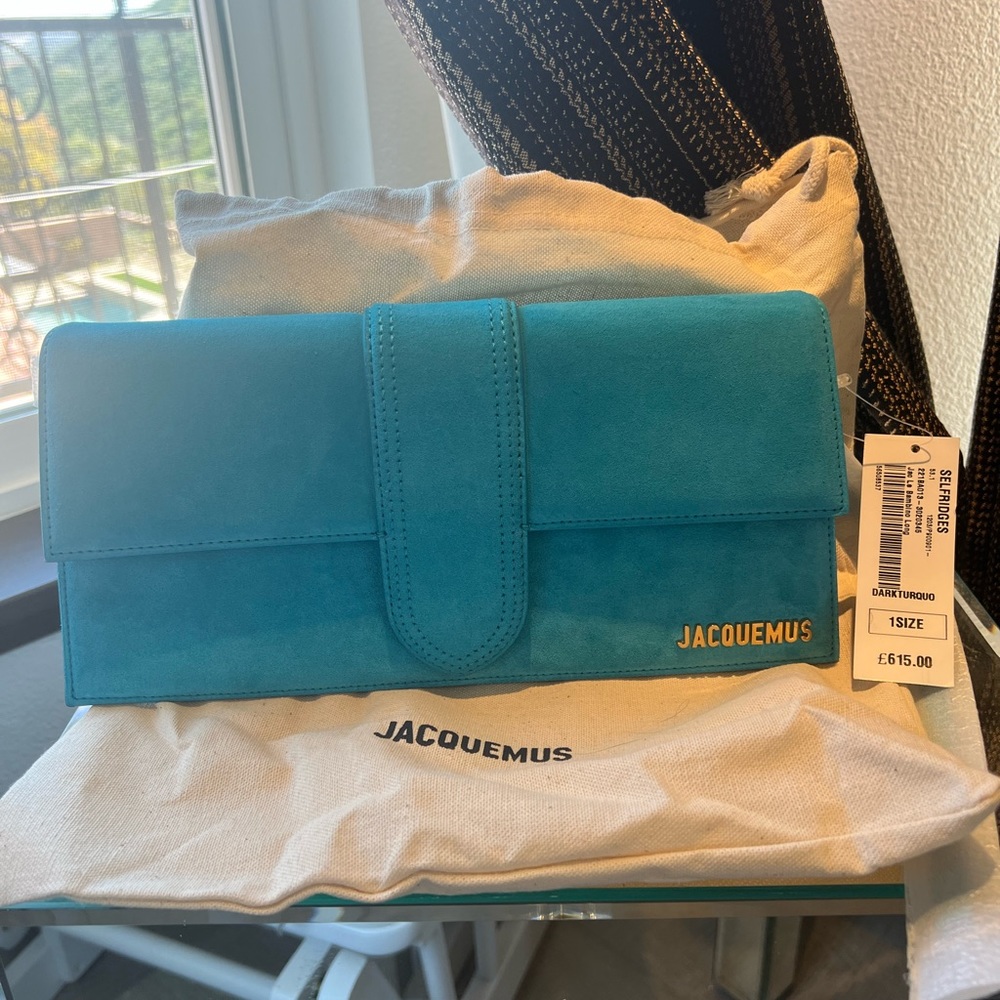 JACQUEMUS Le Bambino Long suede shoulder bag NWT DARK TURQUOISE